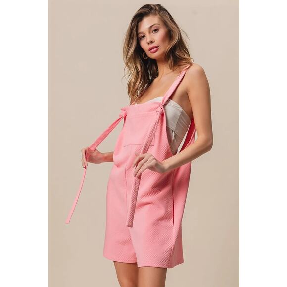 BiBi Texured Jacquard Side Pockets Sleeveless Relaxed Fit Romper | Blush Pink - Picture 6 of 11